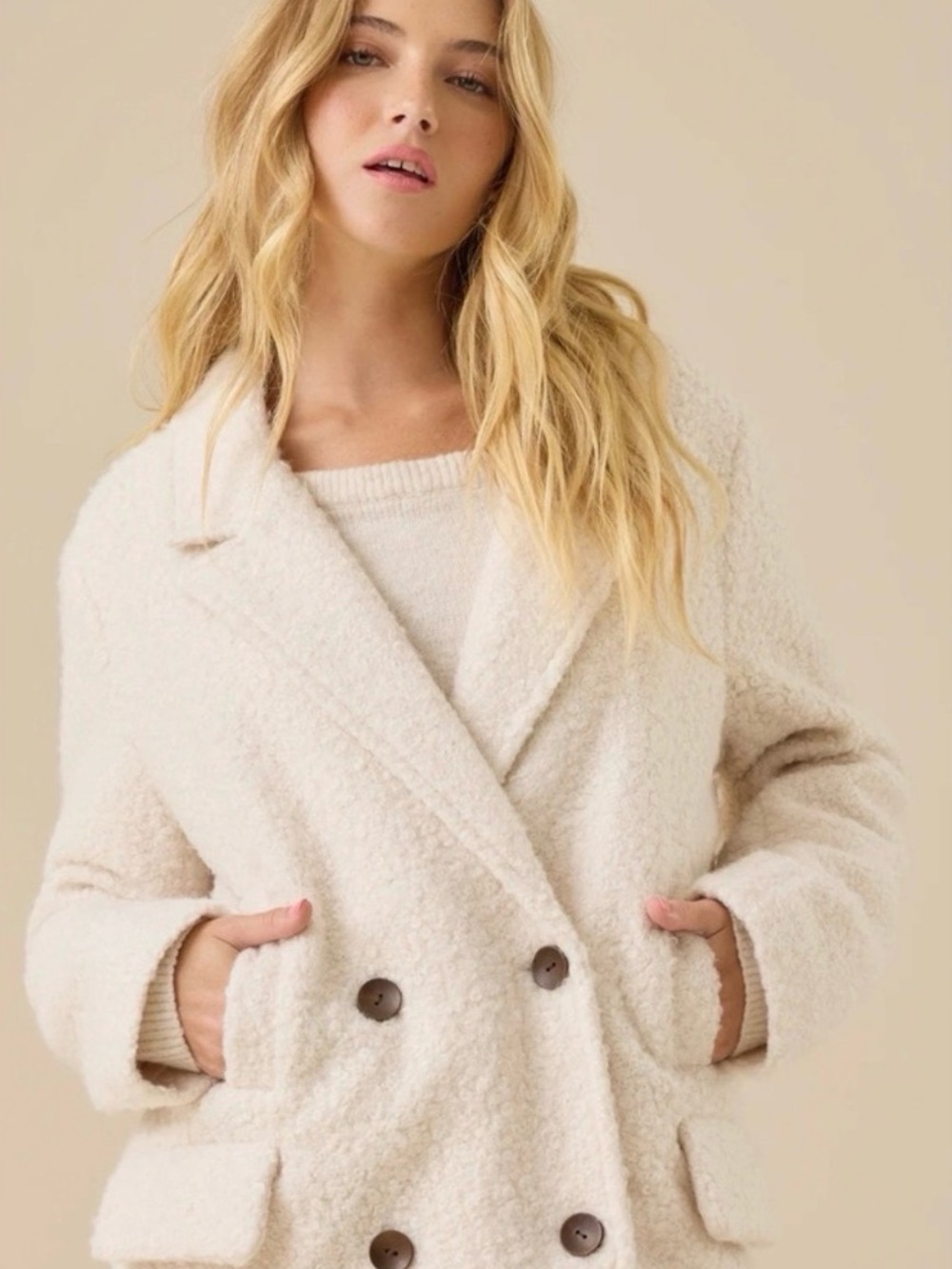 Altar'd State Cream Double-Breasted Teddy Pea Coat - Picture 4 of 7